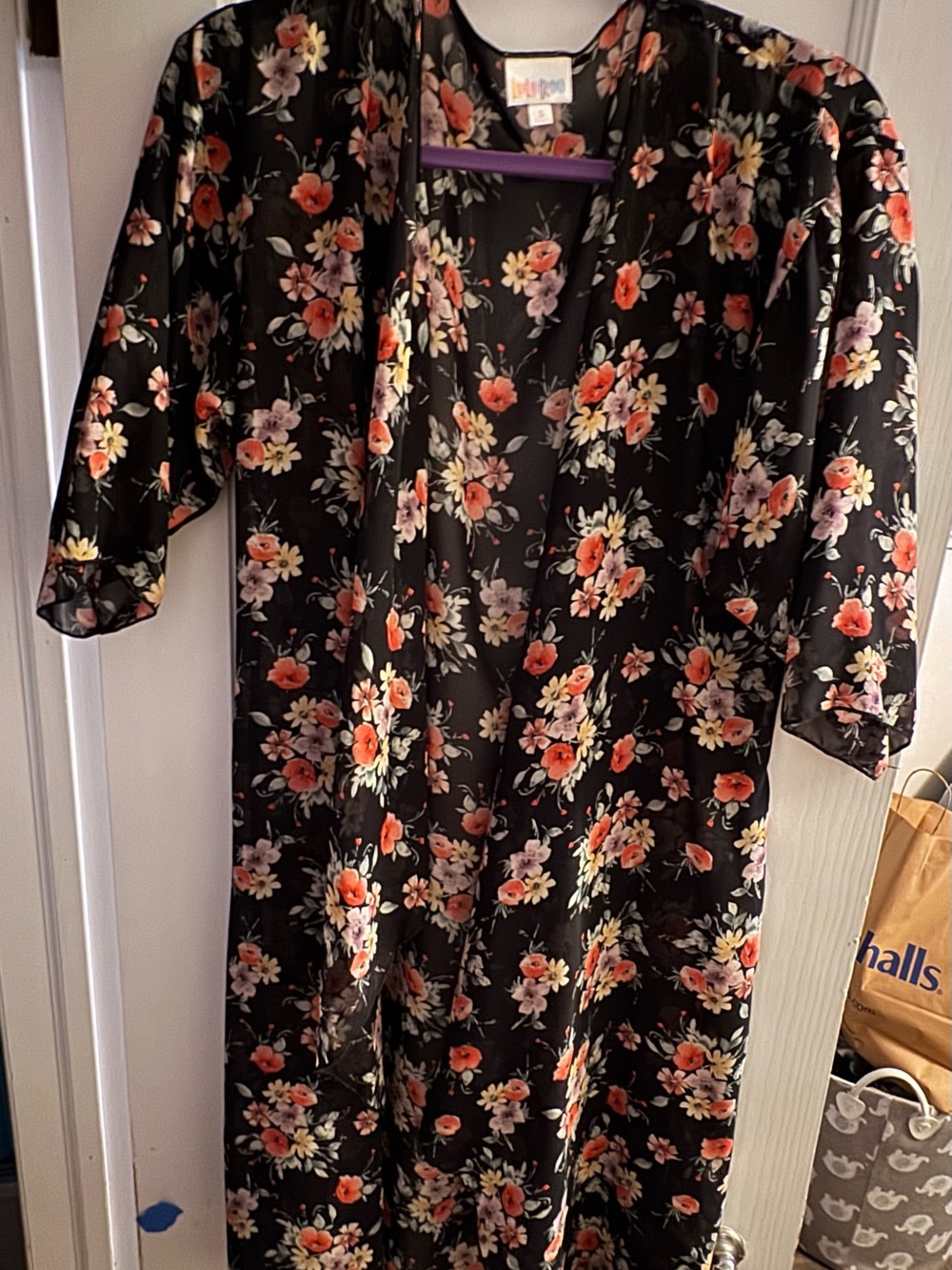 LuLaRoe Black Floral Sheer Kimono with Pink and Cream Flowers